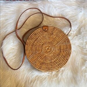 Woven Round Crossbody Bag in Tan with Leather Strap